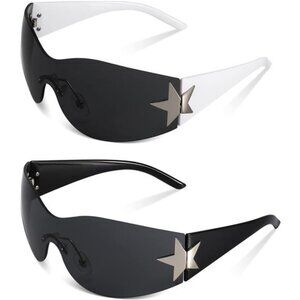 2 Pairs Y2K Sunglasses for Women Men,  Rimless Star Sunglasses Oversized Glasses